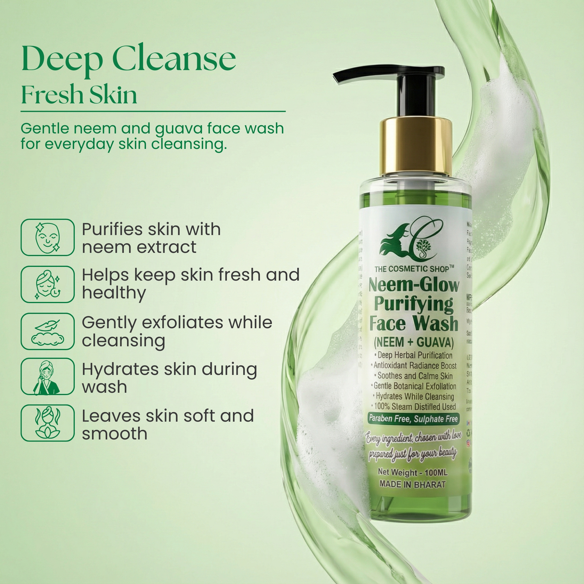 Gentle foam texture of Neem and Guava face wash for daily cleansing