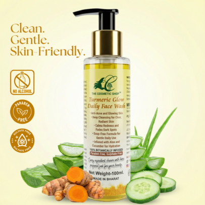 Natural ingredients including Turmeric, Aloe Vera, and Guava for skin glow